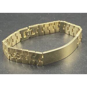 Vintage Gold Plated Link ID Bracelet Etched Fish Floral Signed LC Unisex 7.5x.5"